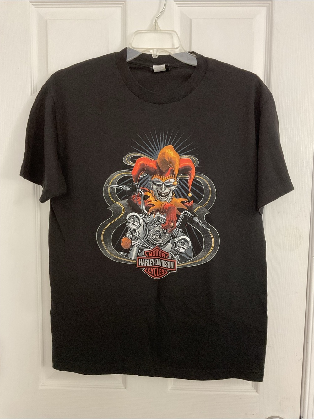 Harley-Davidson Black Tee with Orange & Red Jester Motorcycle Graphic